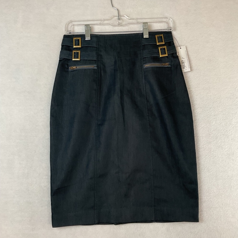 Worthington Women 6 Dark Indigo Denim Pencil Skirt Gold Buckle Accents New